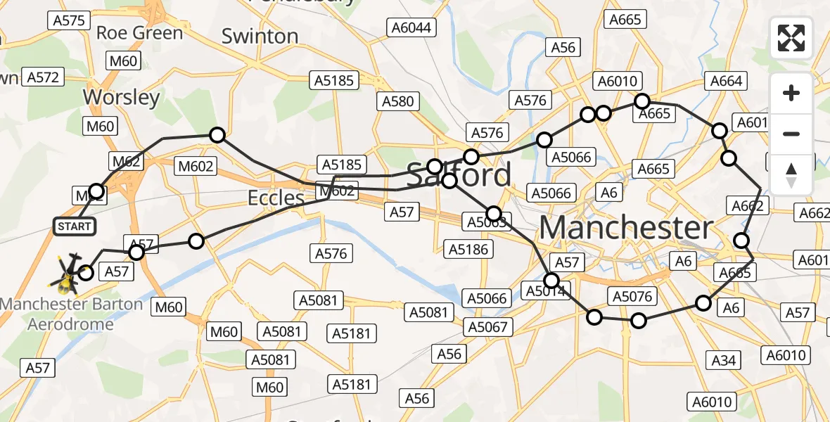 Flight route Police Helicopter Worsley - Manchester Barton Aerodrome, 09 August 2026, 21:36