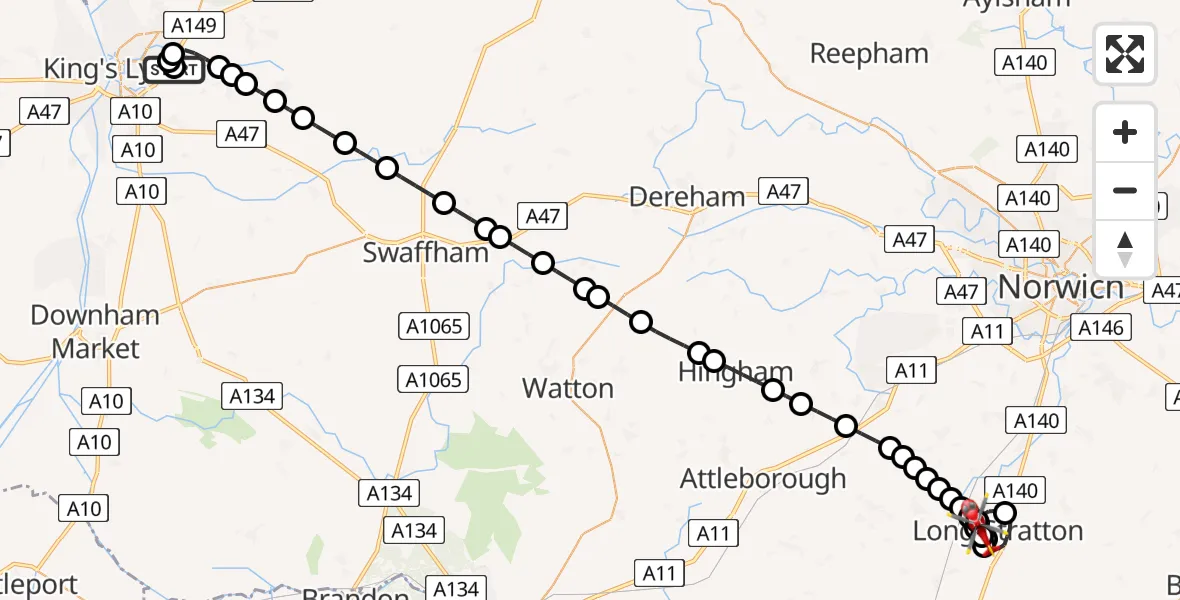 Flight route Air Ambulance Helicopter Queen Elizabeth Hospital - Long Stratton Airstrip, 09 August 2026, 21:37