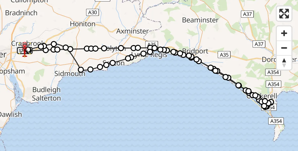 Flight route Air Ambulance Helicopter Exeter International Airport - Exeter International Airport, 09 August 2026, 21:39