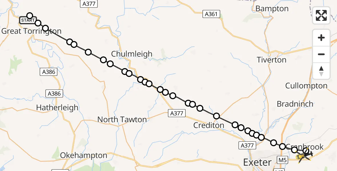 Flight route Police Helicopter Great Torrington - Exeter International Airport, 09 August 2026, 21:42