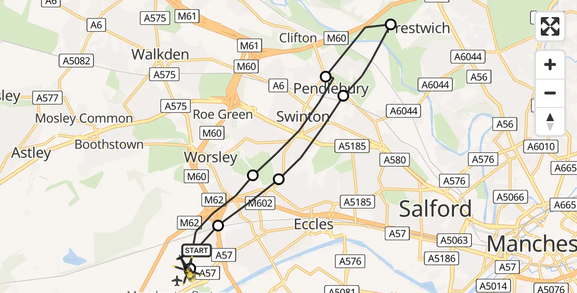 Flight route Police Helicopter Worsley - Manchester Barton Aerodrome, 09 August 2026, 21:59