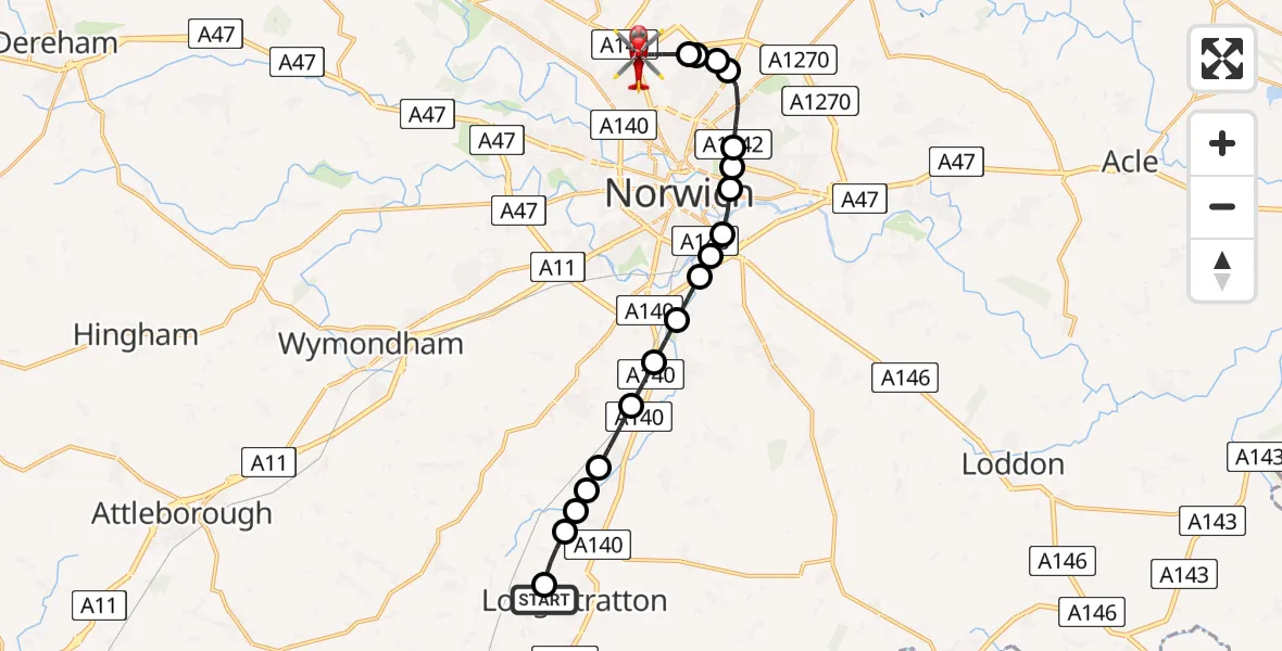 Flight route Air Ambulance Helicopter Long Stratton Airstrip - Norwich Airport, 09 August 2026, 22:04