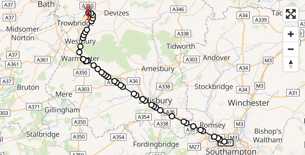 Flight route Air Ambulance Helicopter University Hospital Southampton - Wiltshire Air Ambulance, 09 August 2026, 22:06