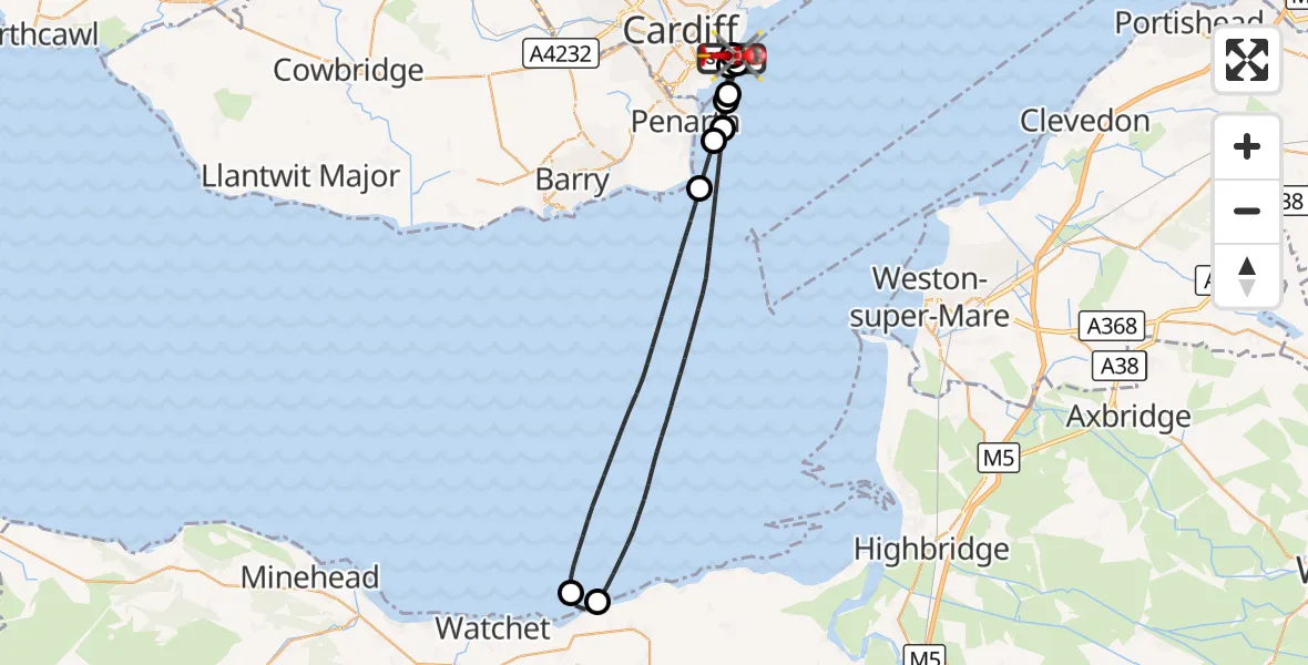 Flight route Air Ambulance Helicopter Cardiff Heliport - Cardiff Heliport, 09 August 2026, 22:08