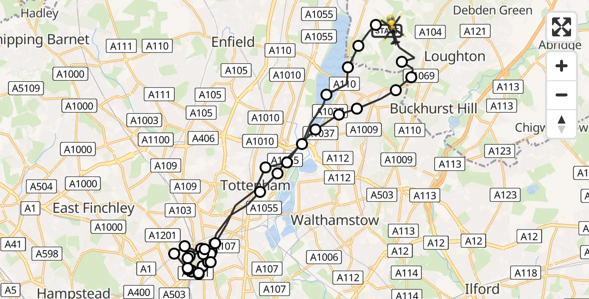 Flight route Police Helicopter Metropolitan Police Air Support Unit Lippitts Hill - Sewardstonebury, 09 August 2026, 22:27