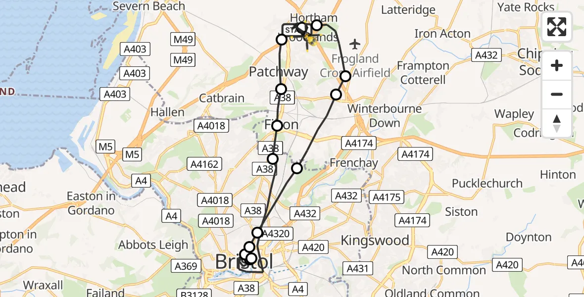 Flight route Police Helicopter Almondsbury Helicopter Base - Almondsbury Helicopter Base, 09 August 2026, 22:28