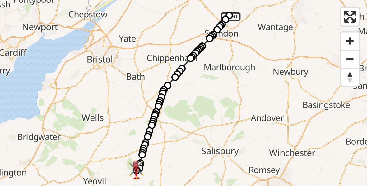 Flight route Air Ambulance Helicopter Highworth - Henstridge Airfield, 09 August 2026, 22:34