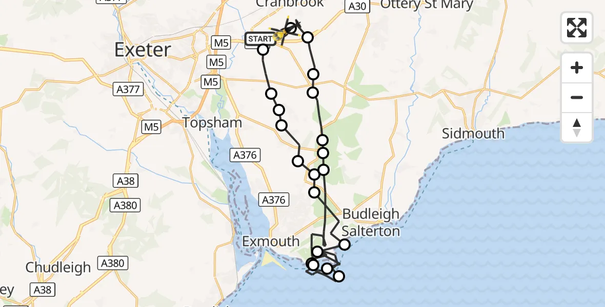 Flight route Police Helicopter Exeter International Airport - Exeter International Airport, 09 August 2026, 22:45