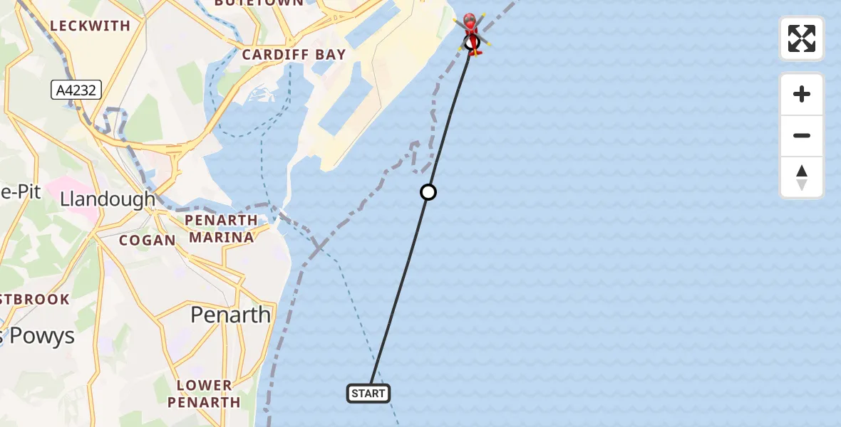 Flight route Air Ambulance Helicopter Penarth - Cardiff Heliport, 09 August 2026, 22:54