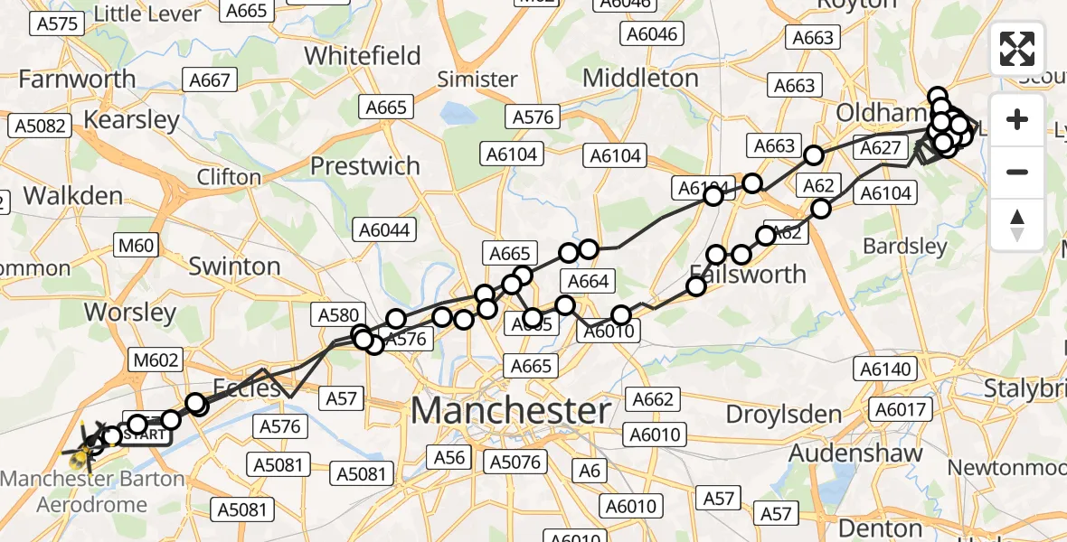 Flight route Police Helicopter Worsley - Manchester Barton Aerodrome, 10 August 2026, 02:16