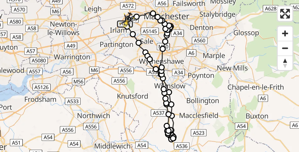 Flight route Police Helicopter Eccles - Manchester Barton Aerodrome, 10 August 2026, 03:30