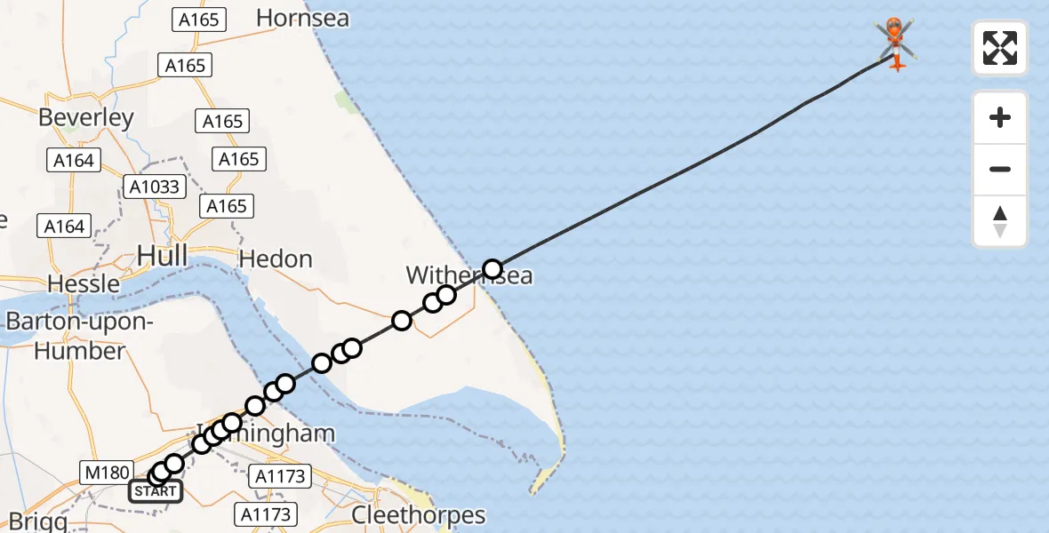Flight route Coastguard Helicopter Humberside Airport - North Sea, 10 August 2026, 05:40