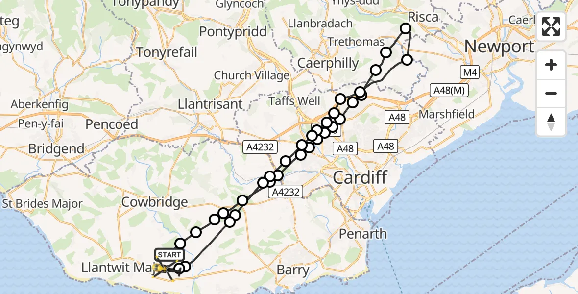 Flight route Police Helicopter St Mary Church - MOD St Athan, 10 August 2026, 06:44