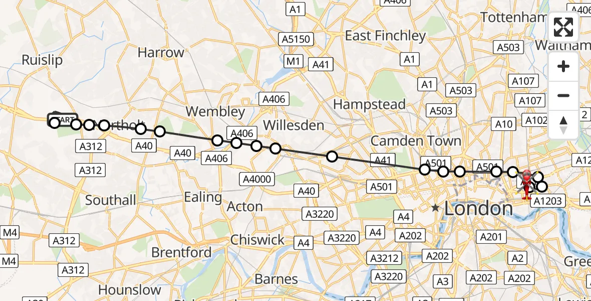 Flight route Air Ambulance Helicopter RAF Northolt - Royal London Hospital, 10 August 2026, 06:48