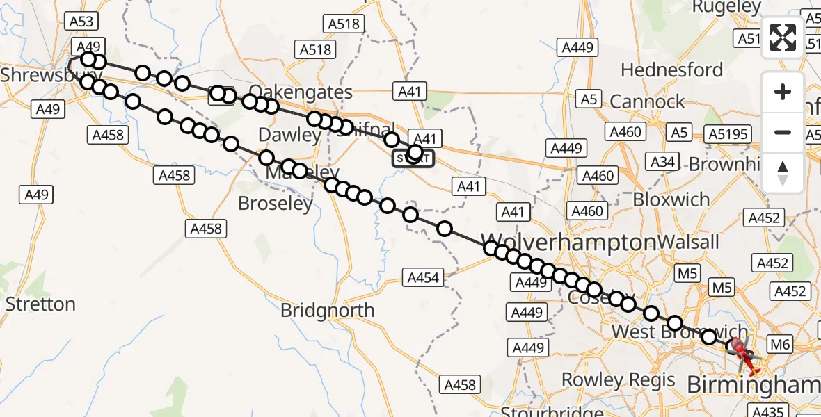 Flight route Air Ambulance Helicopter RAF Cosford - Lozells, 10 August 2026, 07:47