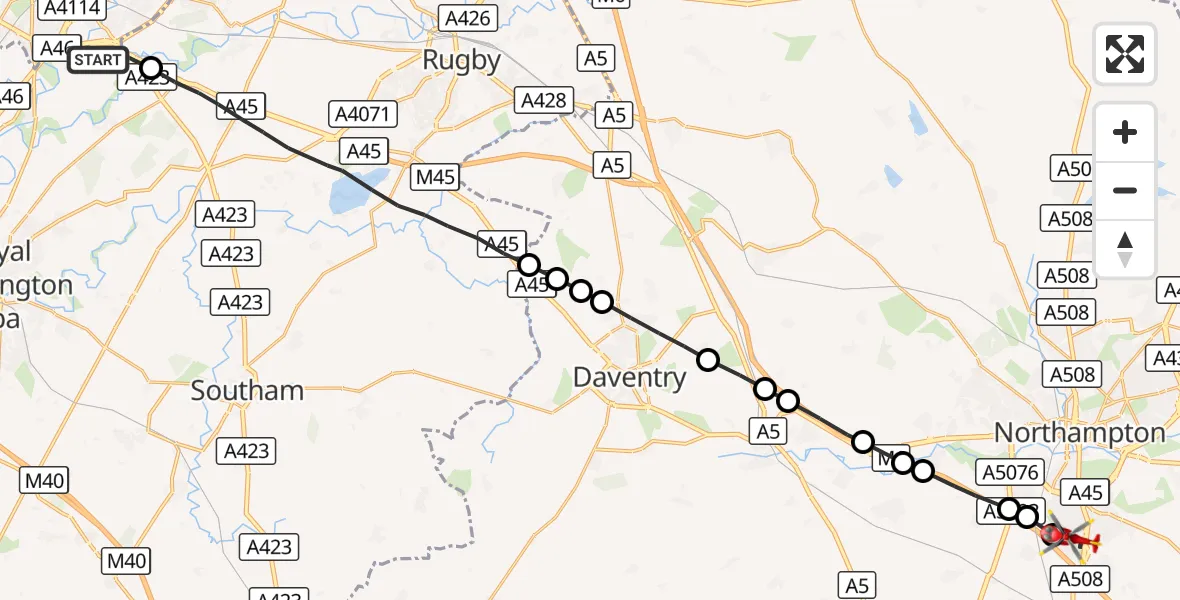 Flight route Air Ambulance Helicopter Coventry Airport - Collingtree, 10 August 2026, 07:51
