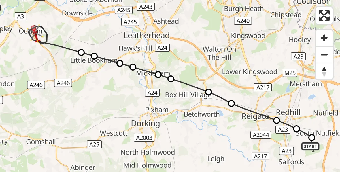 Flight route Air Ambulance Helicopter Redhill Aerodrome - Guildford, 10 August 2026, 08:11
