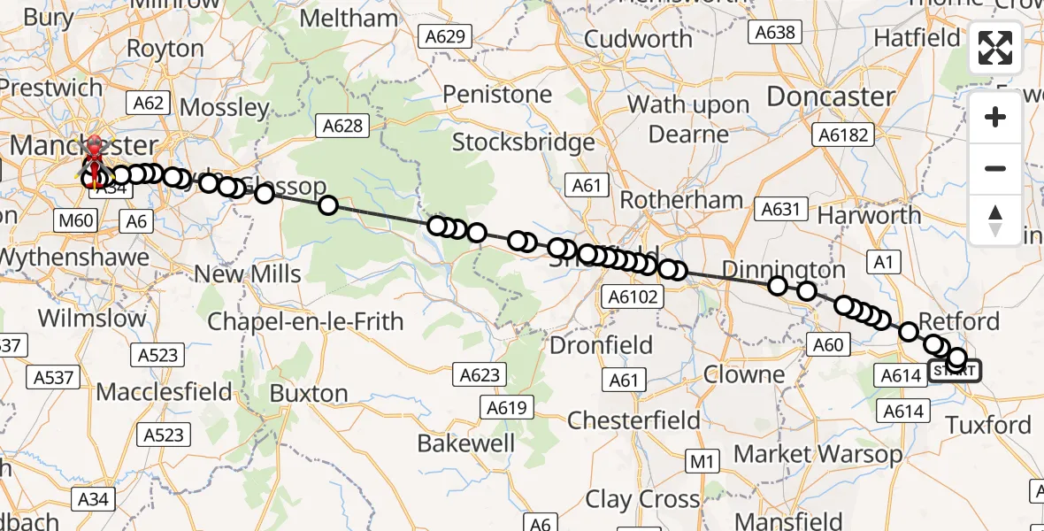 Flight route Air Ambulance Helicopter Retford Gamston Airport - Ardwick, 10 August 2026, 08:16