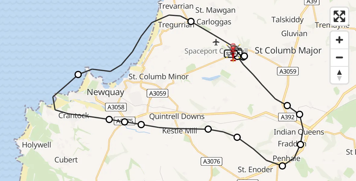 Flight route Air Ambulance Helicopter Cornwall Airport Newquay - Cornwall Airport Newquay, 10 August 2026, 08:26