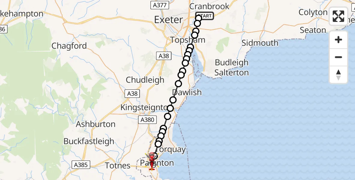 Flight route Air Ambulance Helicopter Exeter International Airport - Paignton, 10 August 2026, 08:43