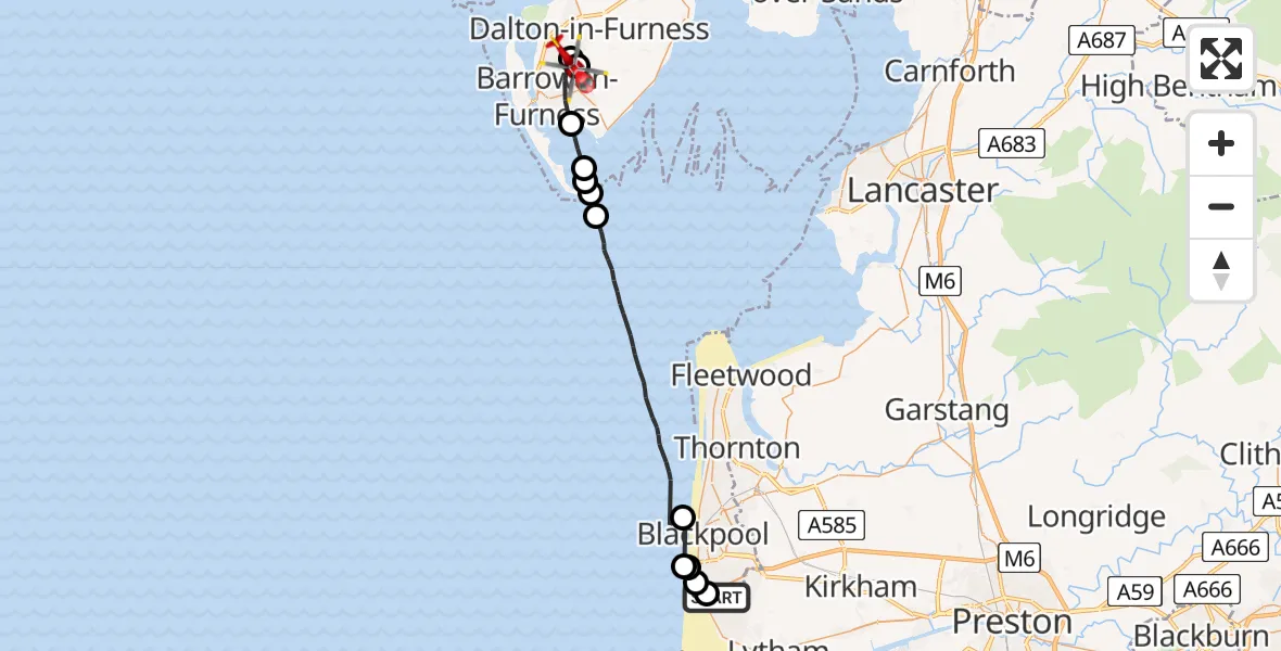 Flight route Air Ambulance Helicopter Blackpool Airport - Dalton-in-Furness, 10 August 2026, 08:52
