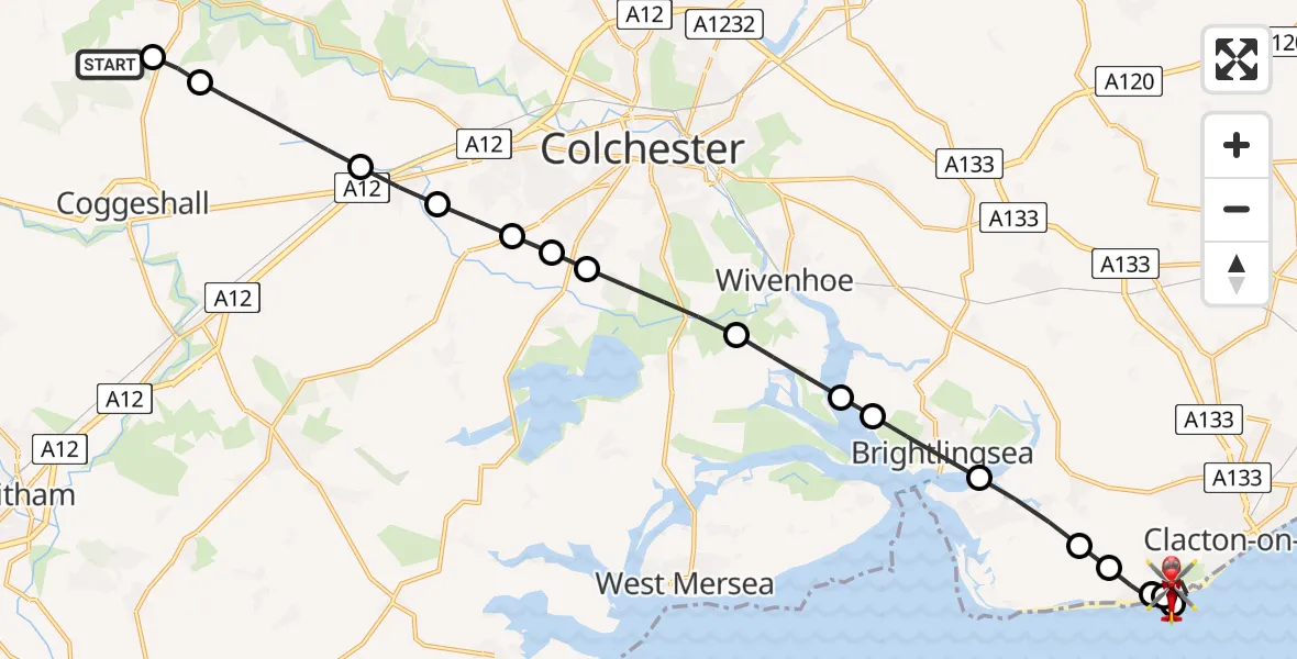 Flight route Air Ambulance Helicopter Earls Colne Airfield - Clacton-on-Sea, 10 August 2026, 08:59