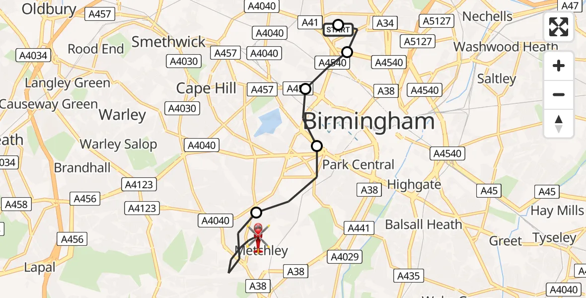 Flight route Air Ambulance Helicopter Lozells - Metchley, 10 August 2026, 09:06