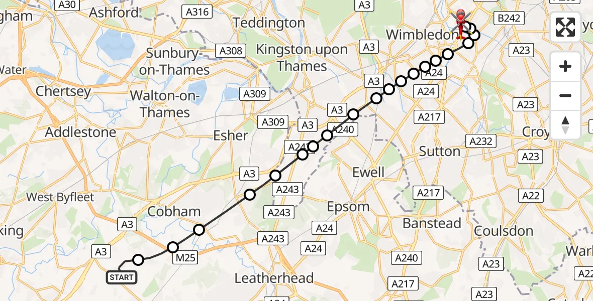 Flight route Air Ambulance Helicopter Guildford - St Georges Hospital, 10 August 2026, 09:06
