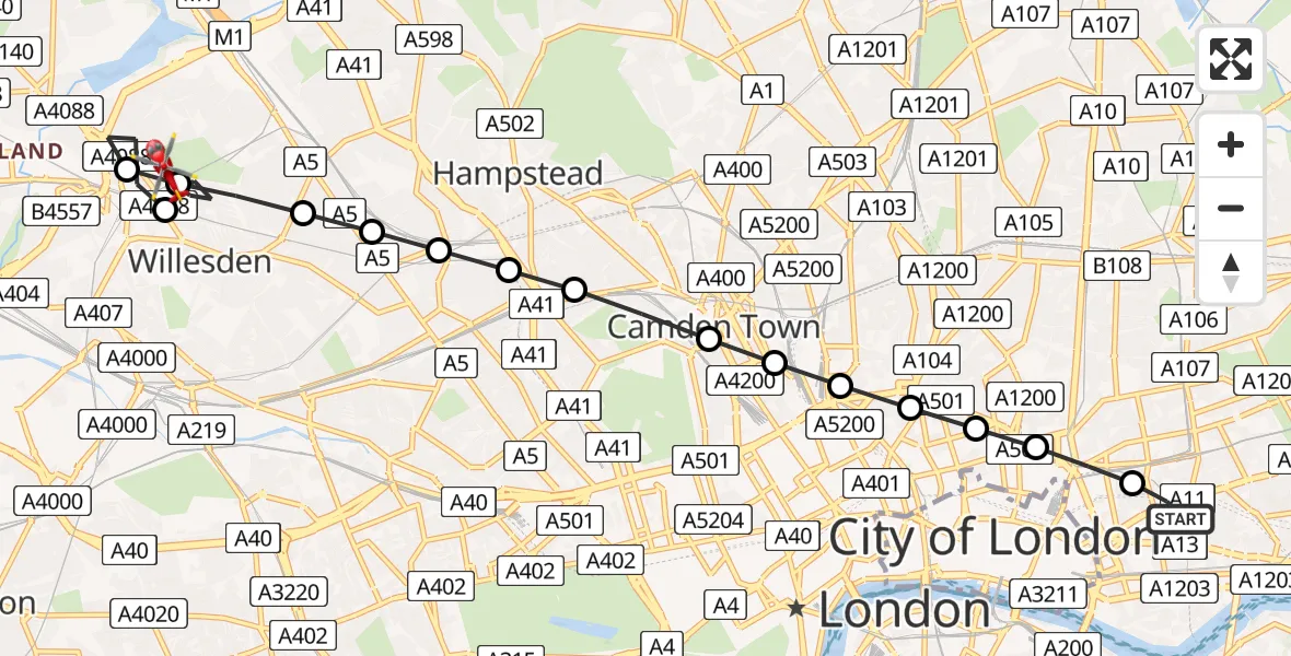 Flight route Air Ambulance Helicopter Royal London Hospital - Dollis Hill, 10 August 2026, 09:27