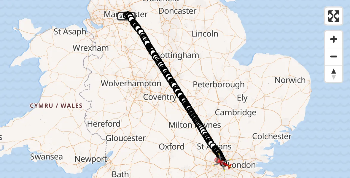 Flight route Air Ambulance Helicopter Chorlton-on-Medlock - Fitzrovia, 10 August 2026, 09:30