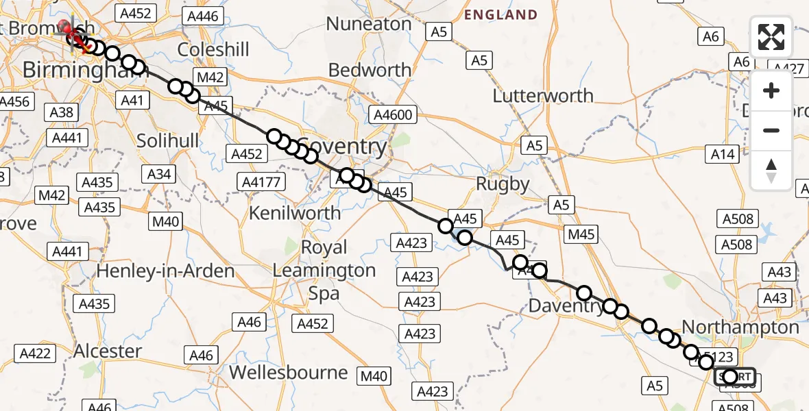 Flight route Air Ambulance Helicopter Collingtree - Lozells, 10 August 2026, 09:30