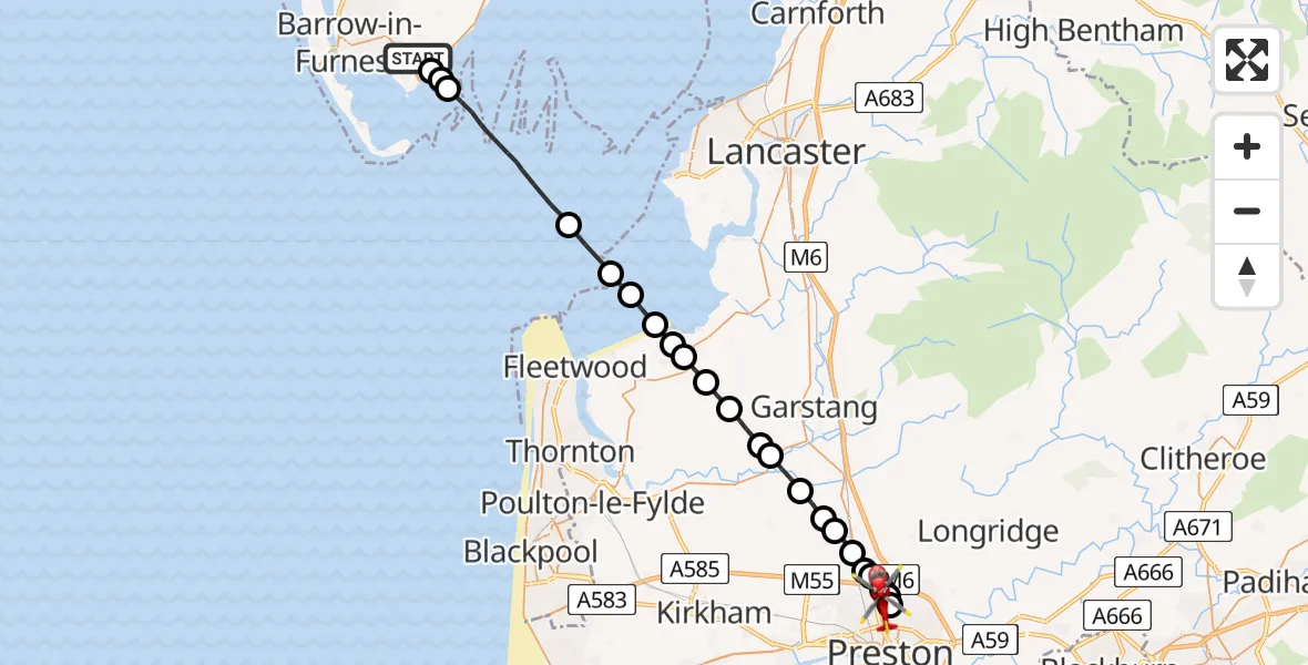Flight route Air Ambulance Helicopter Leece - Royal Preston, 10 August 2026, 09:34