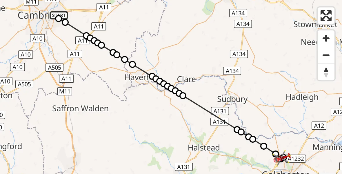 Flight route Air Ambulance Helicopter Cambridge City Airport - Colchester, 10 August 2026, 09:41