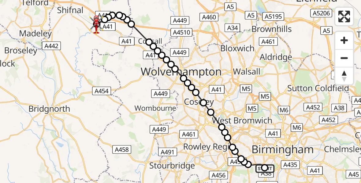 Flight route Air Ambulance Helicopter Queen Elizabeth Hospital Helipad - Cosford, 10 August 2026, 09:47