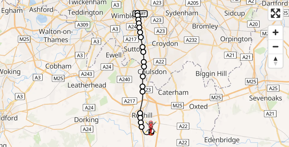 Flight route Air Ambulance Helicopter St Georges Hospital - Redhill Aerodrome, 10 August 2026, 09:55