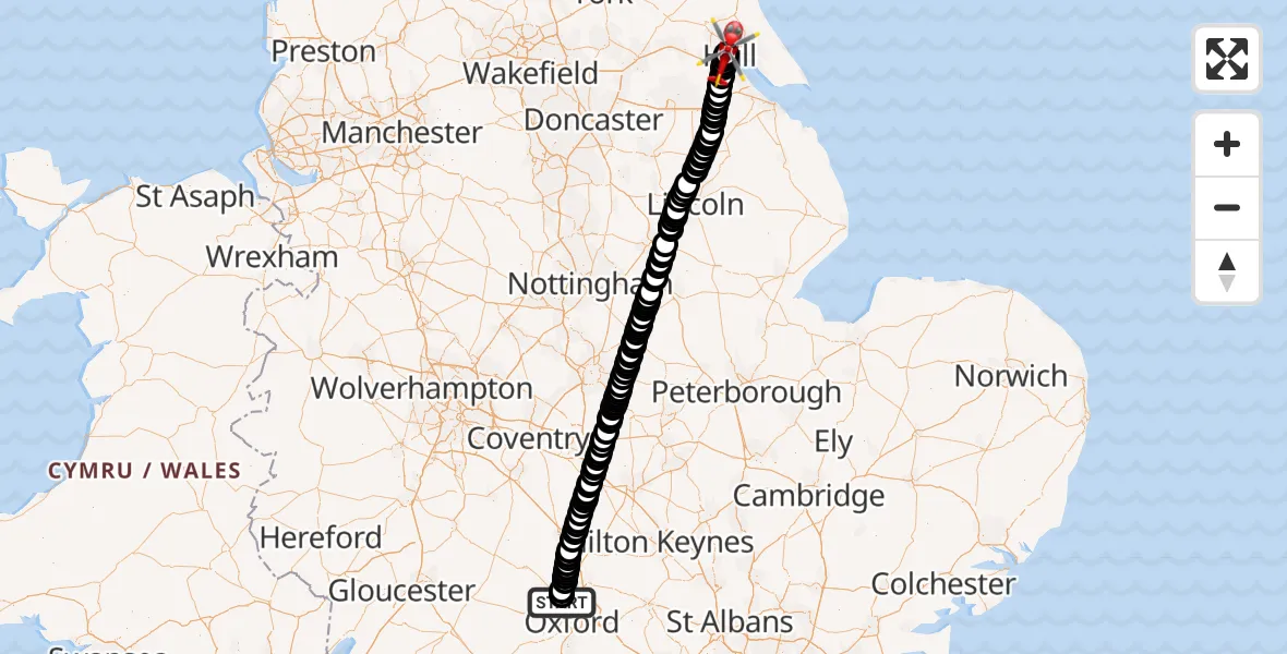 Flight route Air Ambulance Helicopter London Oxford Airport - Hull Royal Infirmary, 10 August 2026, 10:02