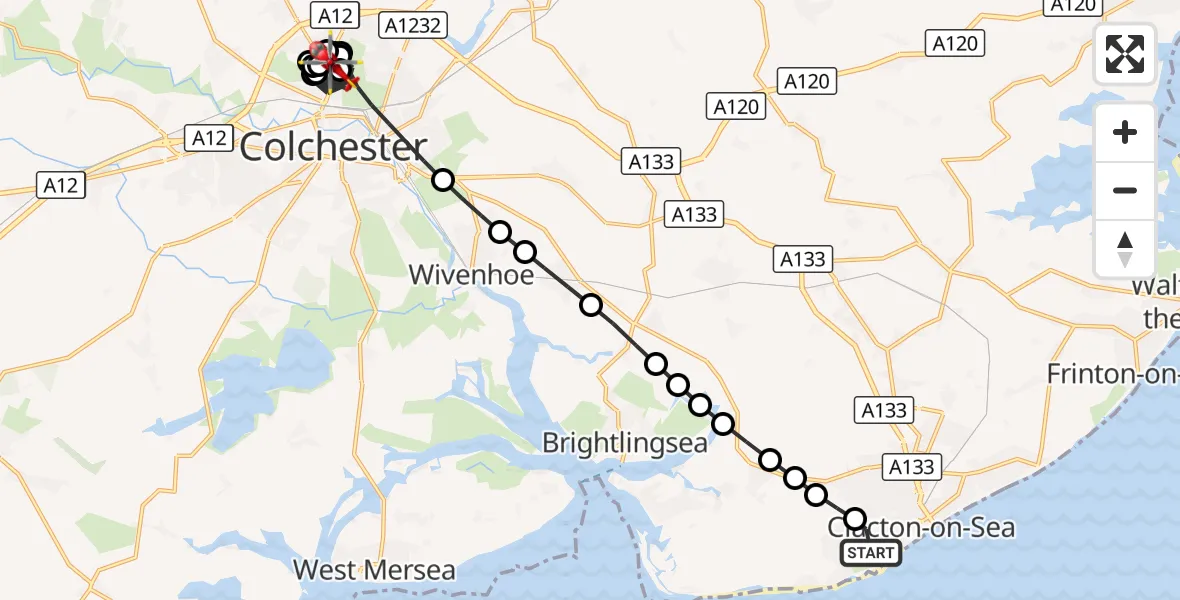 Flight route Air Ambulance Helicopter Clacton Airfield - Colchester Hospital, 10 August 2026, 10:03