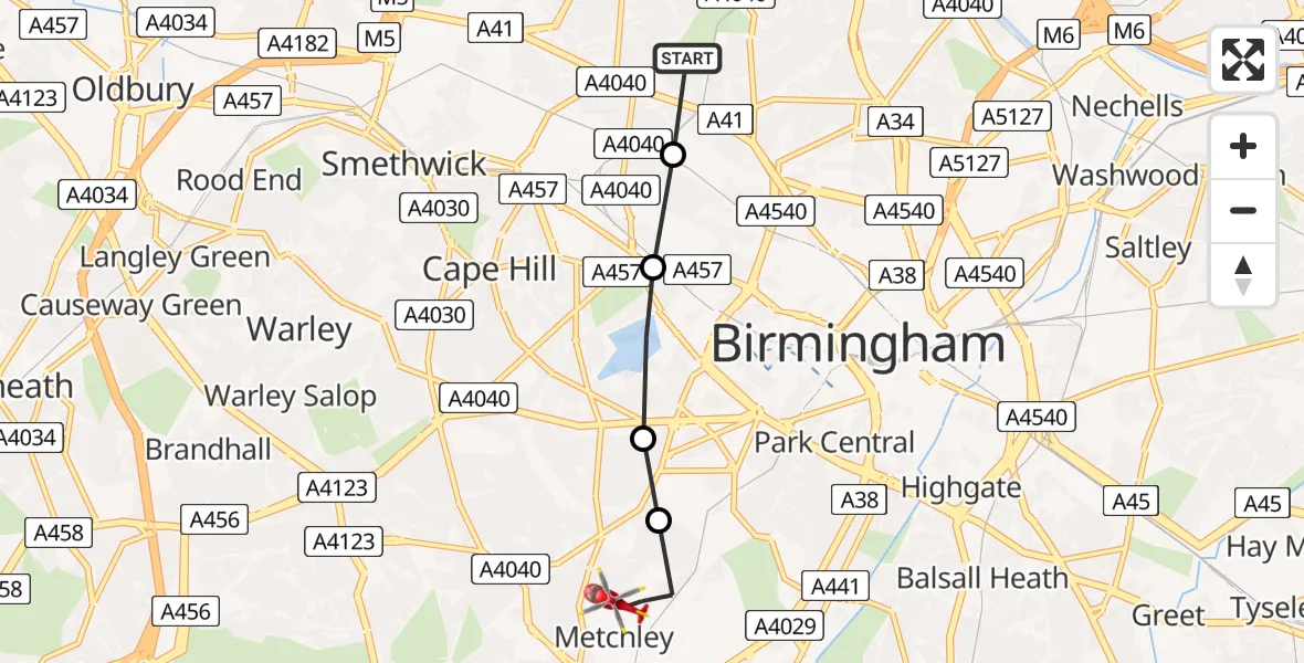 Flight route Air Ambulance Helicopter Handsworth - Metchley, 10 August 2026, 10:06