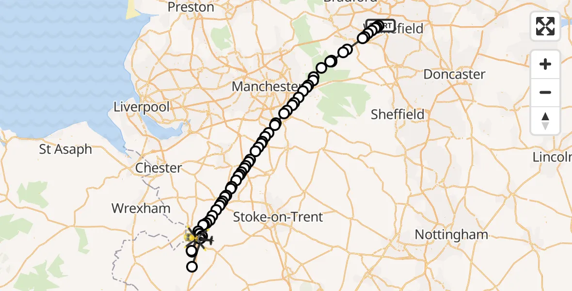 Flight route Police Helicopter Gawthorpe - Prees Heath, 10 August 2026, 10:07