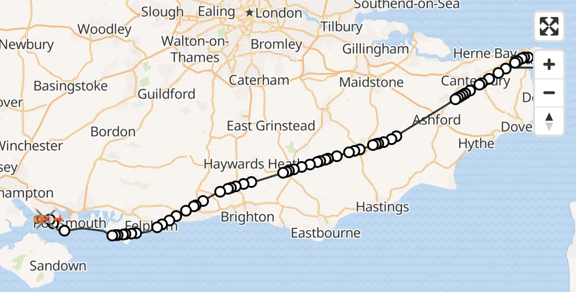 Flight route Coastguard Helicopter Manston Airport - Solent Airport, 10 August 2026, 10:12