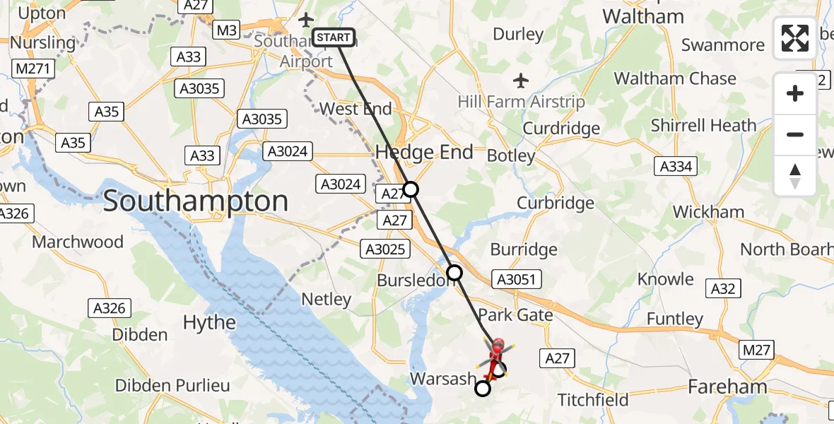 Flight route Air Ambulance Helicopter Eastleigh - Fareham, 10 August 2026, 10:19