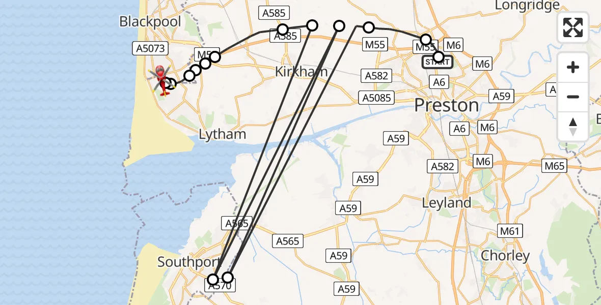 Flight route Air Ambulance Helicopter Royal Preston - Blackpool Airport, 10 August 2026, 10:20