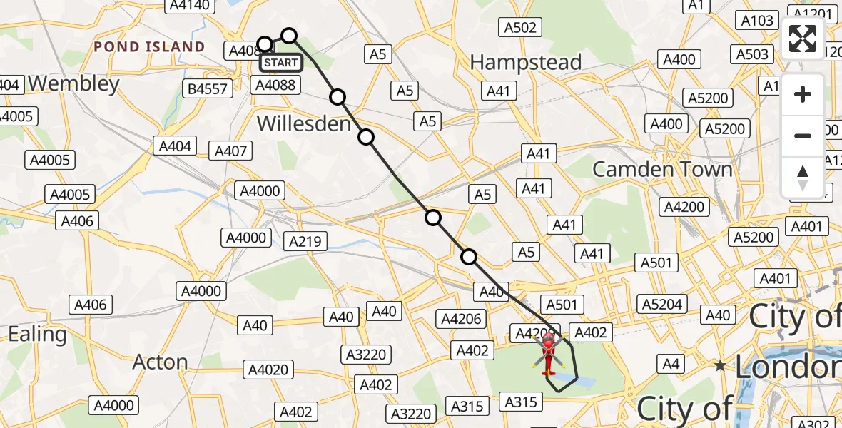 Flight route Air Ambulance Helicopter Dollis Hill - City of Westminster, 10 August 2026, 10:25