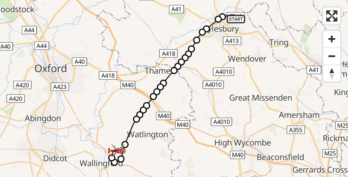 Flight route Air Ambulance Helicopter Bierton - RAF Benson, 10 August 2026, 10:26