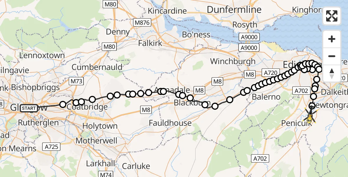 Flight route Police Helicopter Glasgow - Roslin, 10 August 2026, 10:26