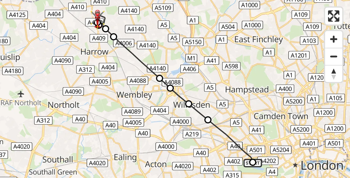 Flight route Air Ambulance Helicopter City of Westminster - Harrow Weald, 10 August 2026, 10:33