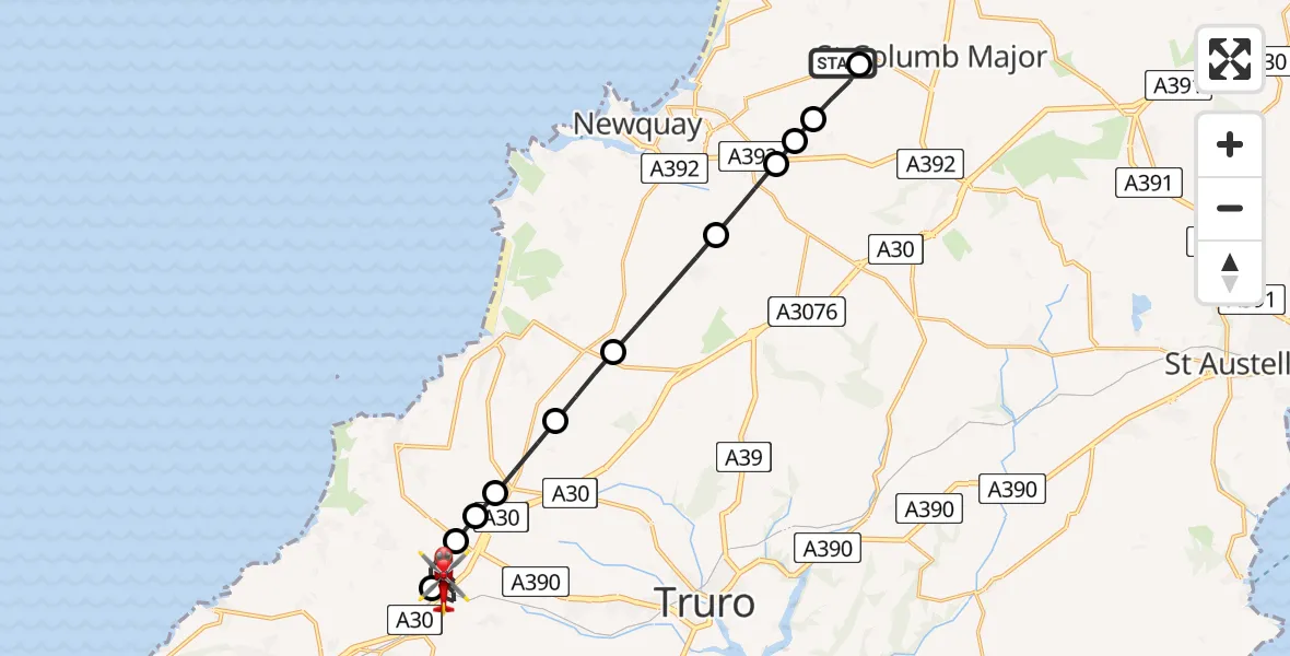 Flight route Air Ambulance Helicopter Cornwall Airport Newquay - Scorrier, 10 August 2026, 10:41