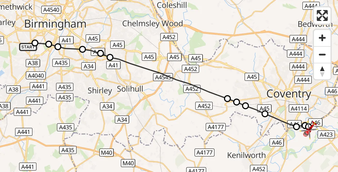 Flight route Air Ambulance Helicopter Metchley - Coventry Airport, 10 August 2026, 10:48