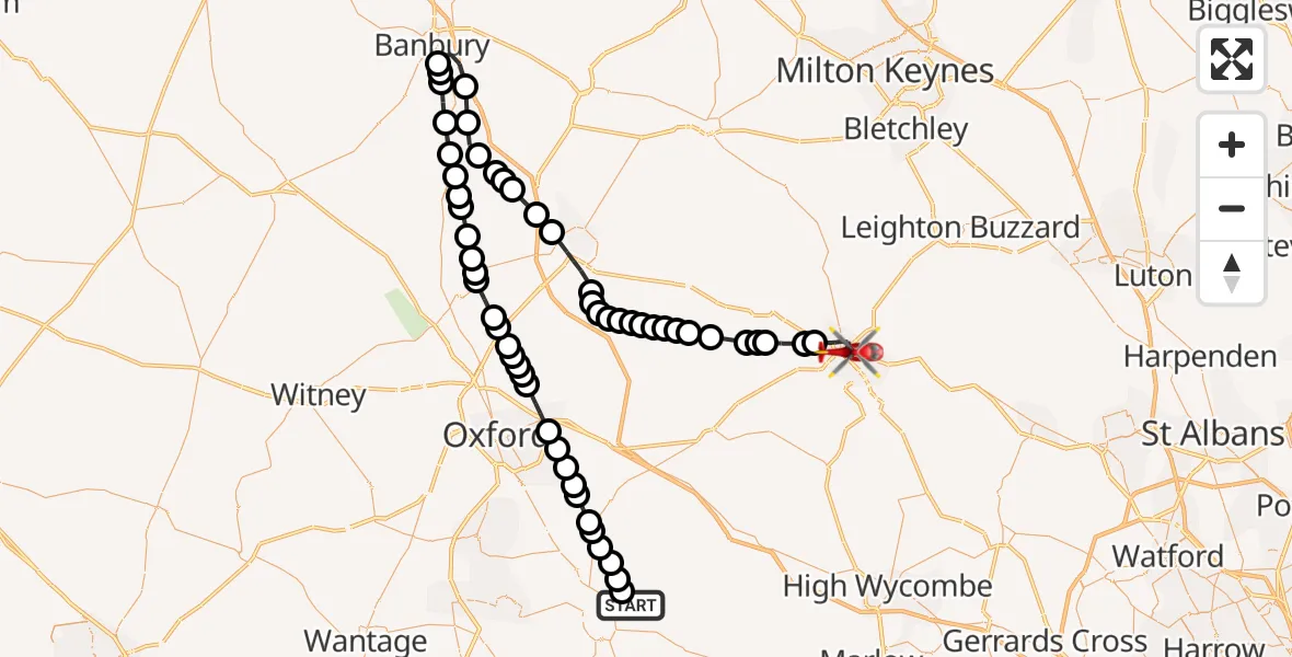 Flight route Air Ambulance Helicopter RAF Benson - Aylesbury, 10 August 2026, 10:48