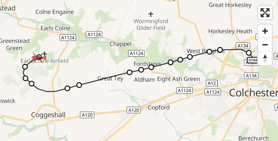 Flight route Air Ambulance Helicopter Colchester Hospital - Earls Colne Airfield, 10 August 2026, 10:51